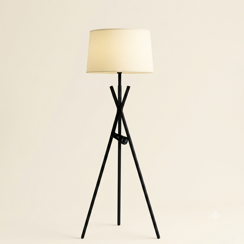 Black Metal Tripod Floor Lamp with Fabric Shade