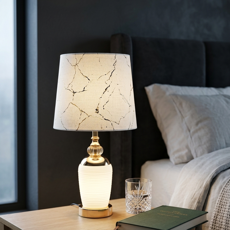 Table Side Lamp with White Print Shade (Pair)