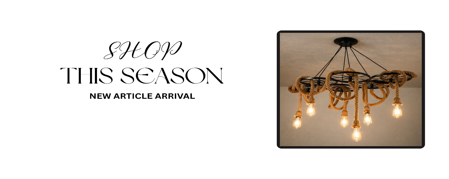 Chandelier with 'Shop This Season' text on a white background